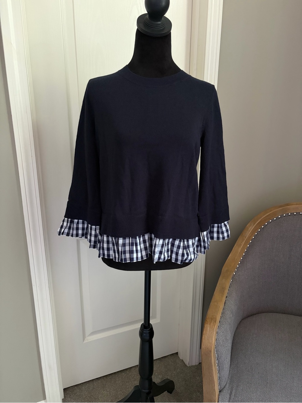Draper James Navy Sweater with Gingham Ruffle Hem